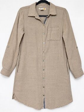 C&C California 100% Linen Shirt Dress Beige Tan Roll Tab Sleeves Small
